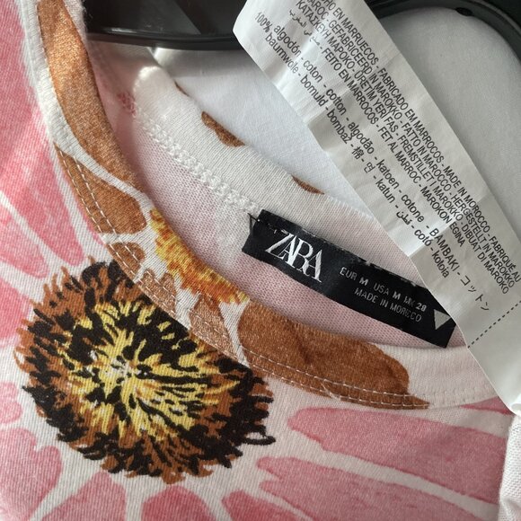 Zara Floral Top Pink Flower Tee Short Sleeve Size M White/Multi Cotton - Picture 3 of 7